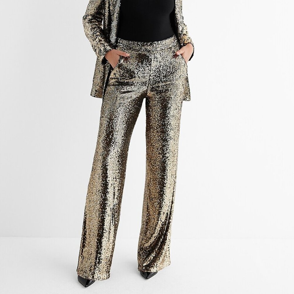 Express Bronze High Waisted Sequin Wide Leg Pant Size 6 SRP $118